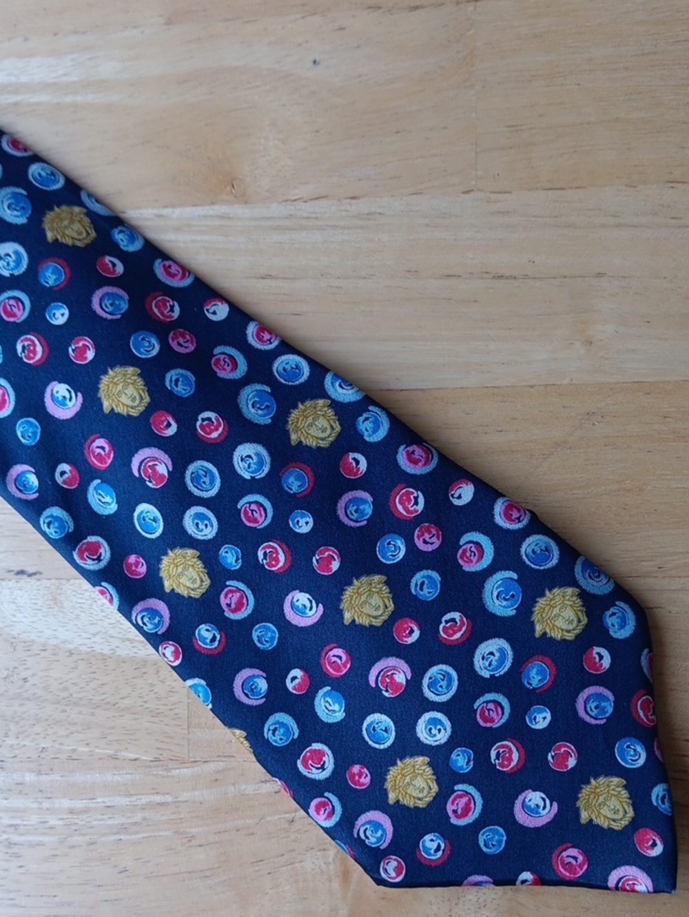 Gianni Versace Navy Silk *PRINT* Tie with Gold Medusa and Multicolor Swirly Dots
